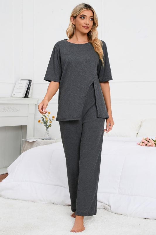 Slit Round Neck Top and Pants Lounge Set Dark Gray