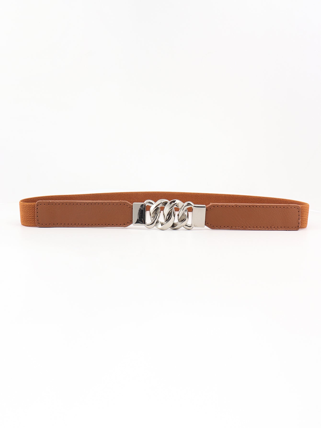 Zinc Alloy Buckle Elastic PU Belt Ochre Silver One Size