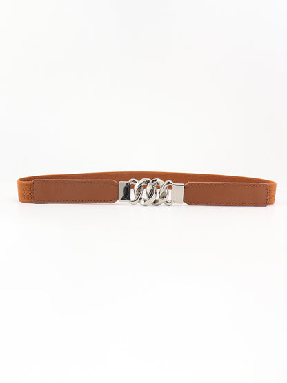 Zinc Alloy Buckle Elastic PU Belt Ochre Silver One Size