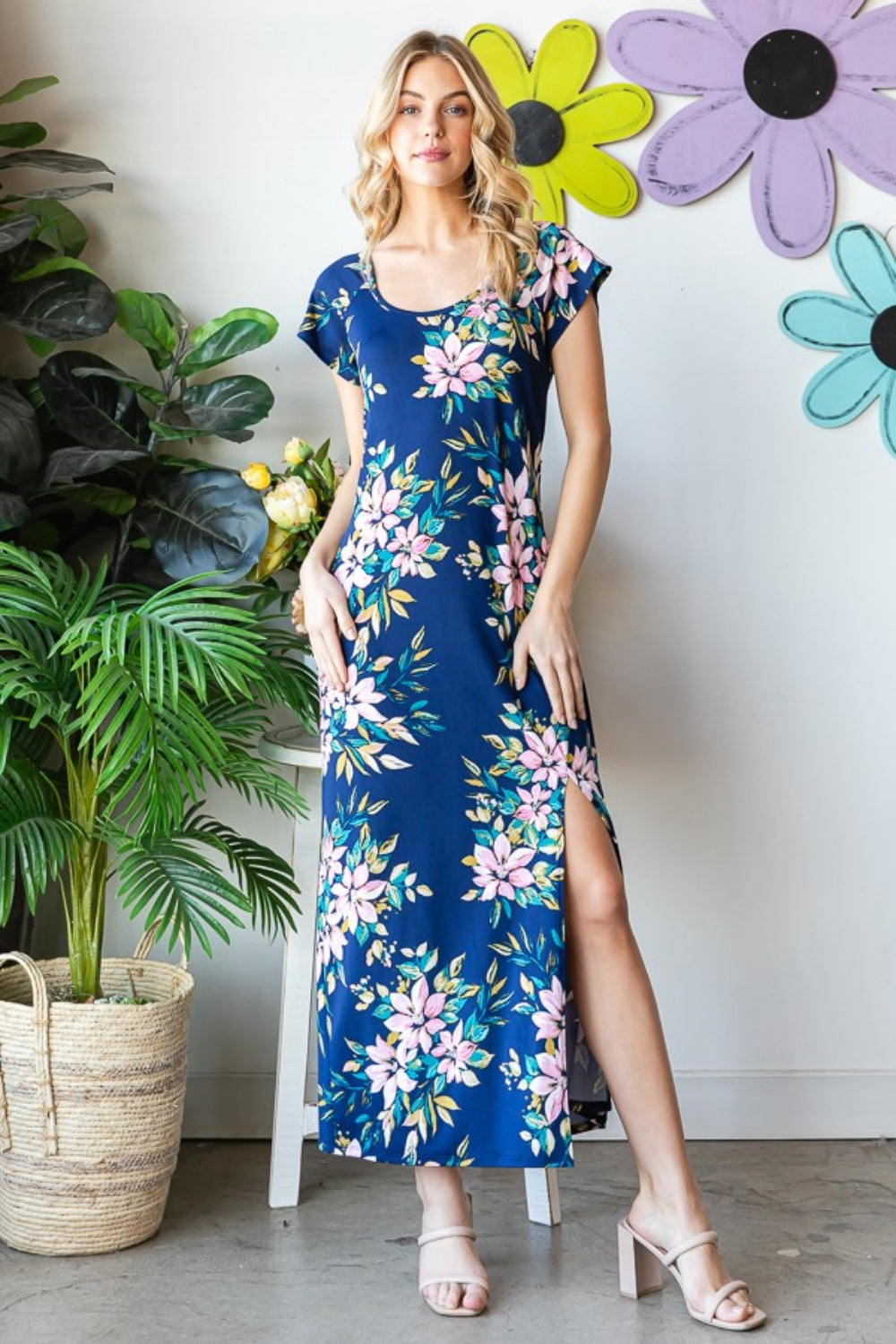 Heimish Full Size Floral Short Sleeve Slit Dress | Elegant Women's Summer Dress Navy Multi