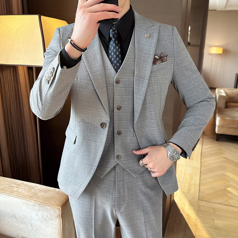 Men's Autumn And Winter Suit Three-piece Business Casual Light Gray One Button