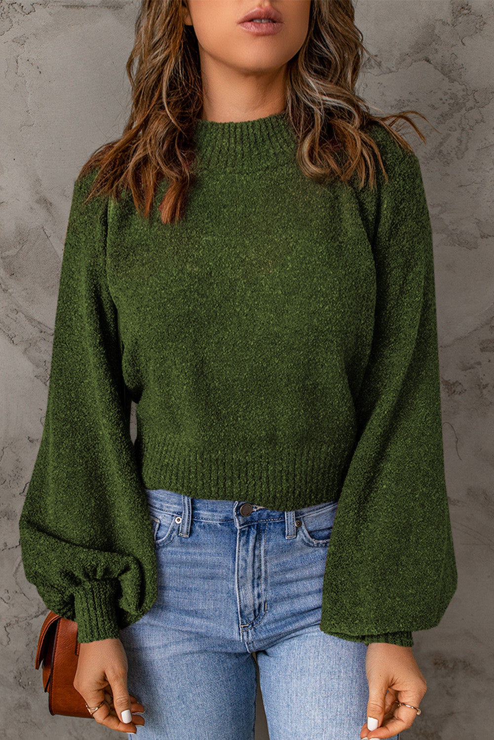 Ribbed Trim Balloon Sleeve Sweater Olive