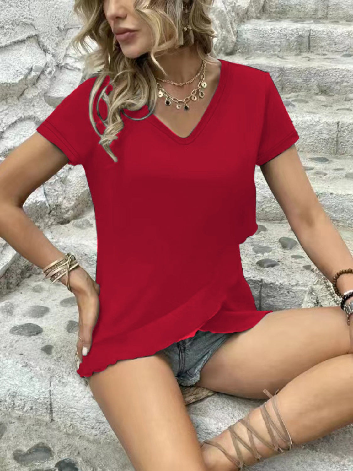 V-Neck Short Sleeve Blouse