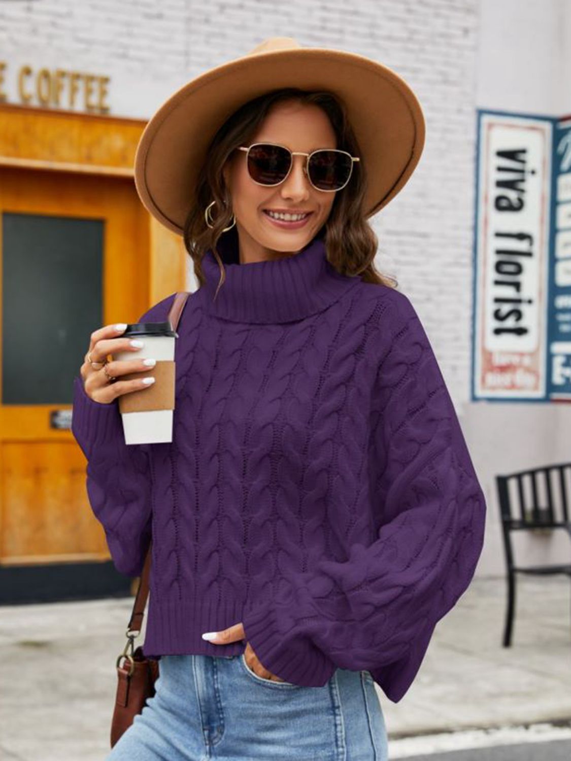 Turtle Neck Cable-Knit Sweater Violet