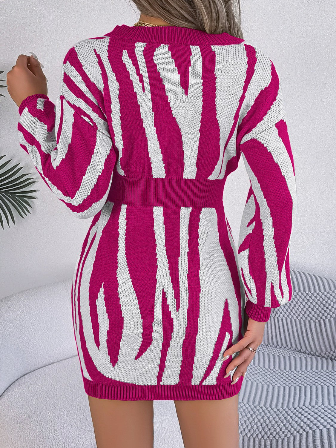 Animal Print V-Neck Long Sleeve Sweater Dress - 100% Acrylic, Moderate Stretch, Machine Washable