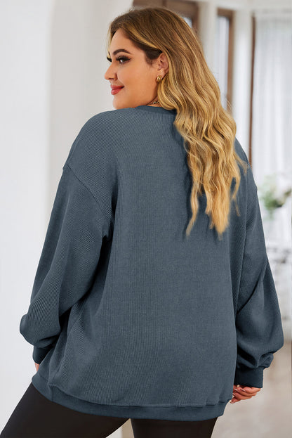 Blue Plus Size Corded Round Neck Sweatshirt