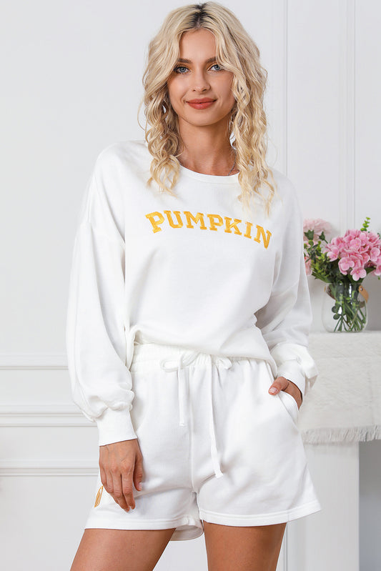 PUMPKIN Round Neck Sweatshirt and Shorts Set White