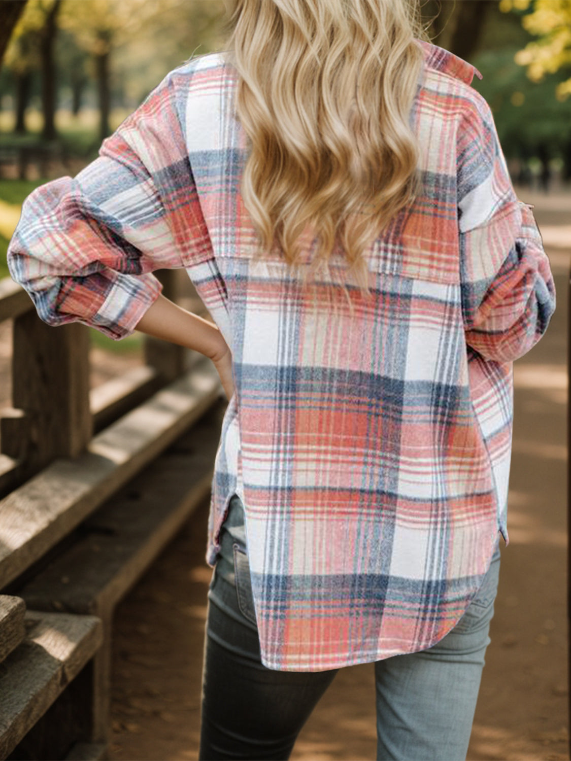 Plaid Button Up Dropped Shoulder Shirt - Thandynie