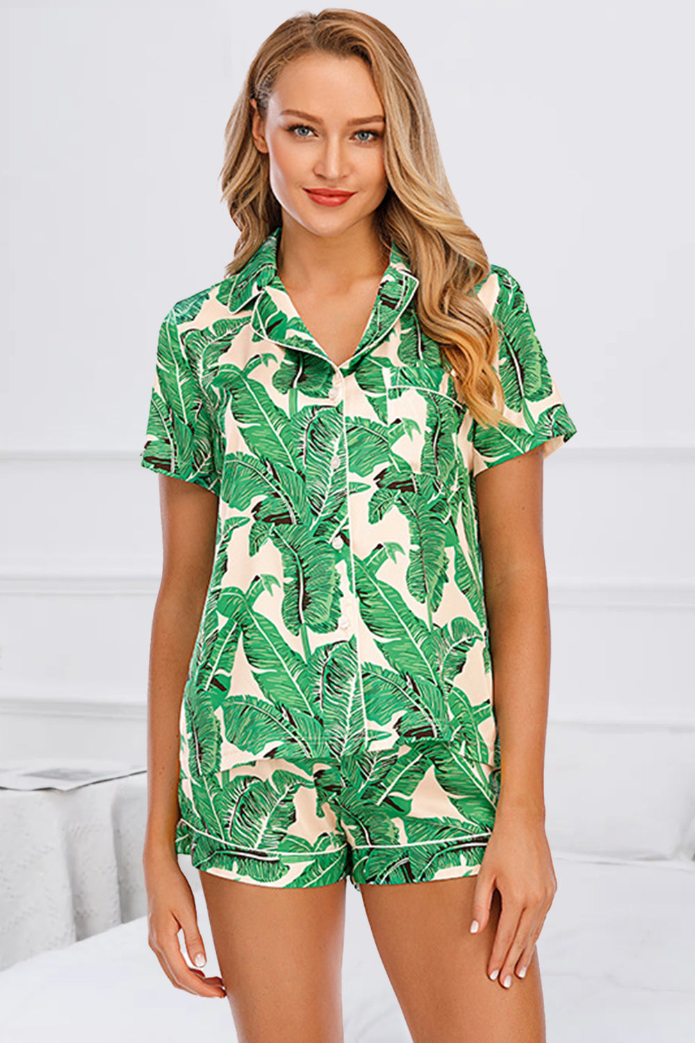 Printed Button Up Short Sleeve Top and Shorts Lounge Set Green