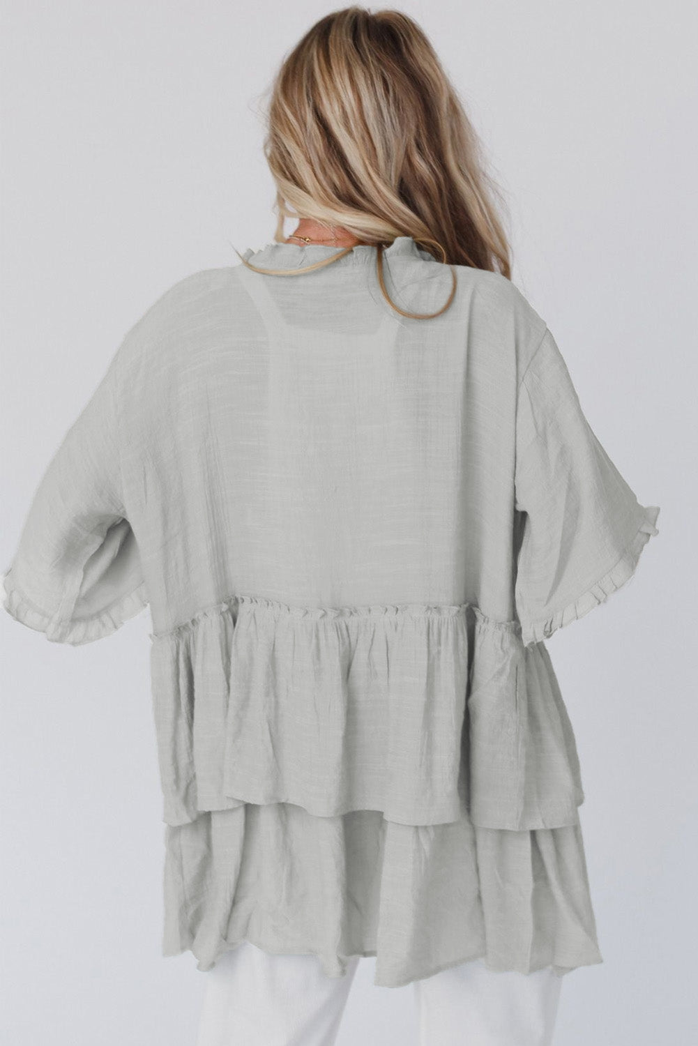 Gray Ruffled Trim Half Sleeve Open Front Kimono