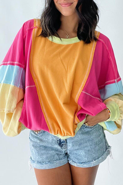 Rose Red Plus Size Colorblock Patchwork Exposed Seam Sweatshirt Rose Red 65%Polyester+35%Cotton