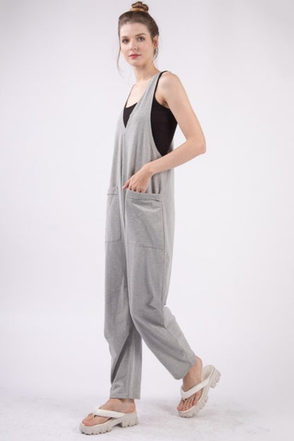 VERY J Plunge Sleeveless Jumpsuit with Pockets