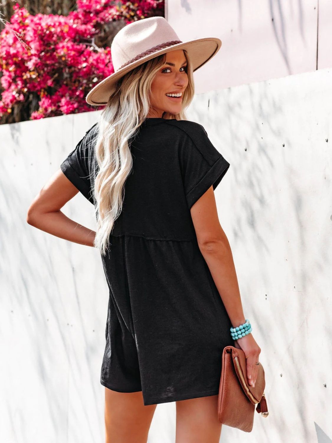 Exposed Seam V-Neck Short Sleeve Romper