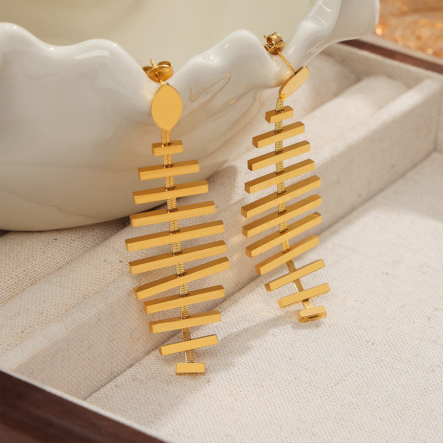 Titanium Steel Fishbone Shape Earrings Gold One Size