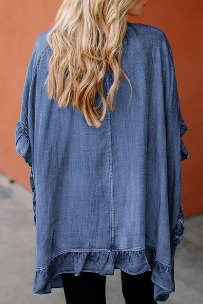 Dusk Blue Chambray Ruffle Hem Half Sleeve Open Loose Kimono Dusk Blue 80%Cotton+20%Polyester