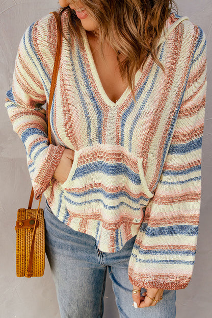 Striped Hooded Sweater with Kangaroo Pocket Multi