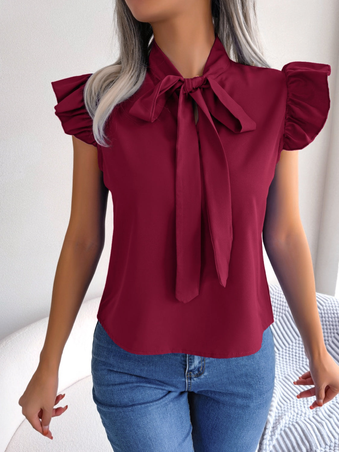 Tie Neck Cap Sleeve Blouse - Thandynie