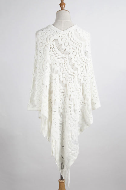 Fringe Openwork Surplice Cape Sleeve Poncho White One Size