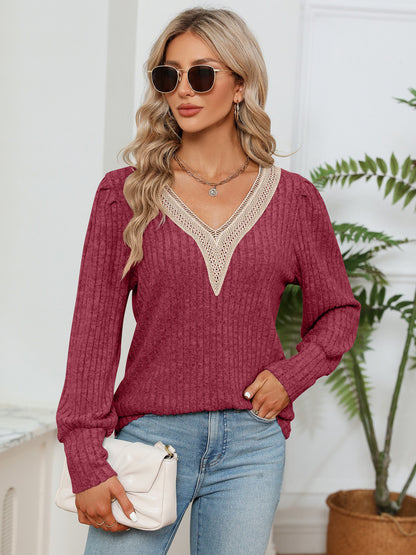 Lace Detail V-Neck Ribbed Blouse Brick Red