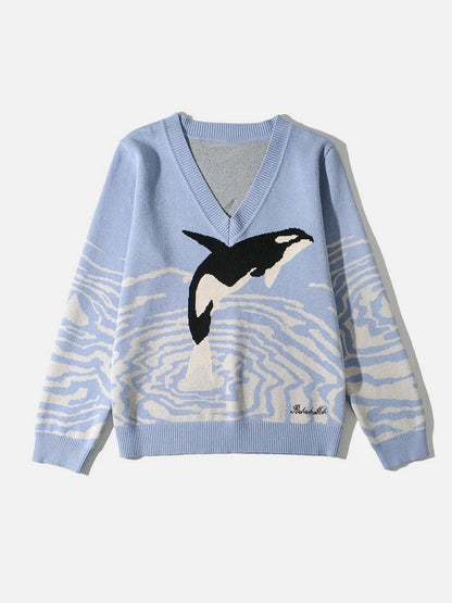 Printed V-Neck Long Sleeve Sweater Misty Blue