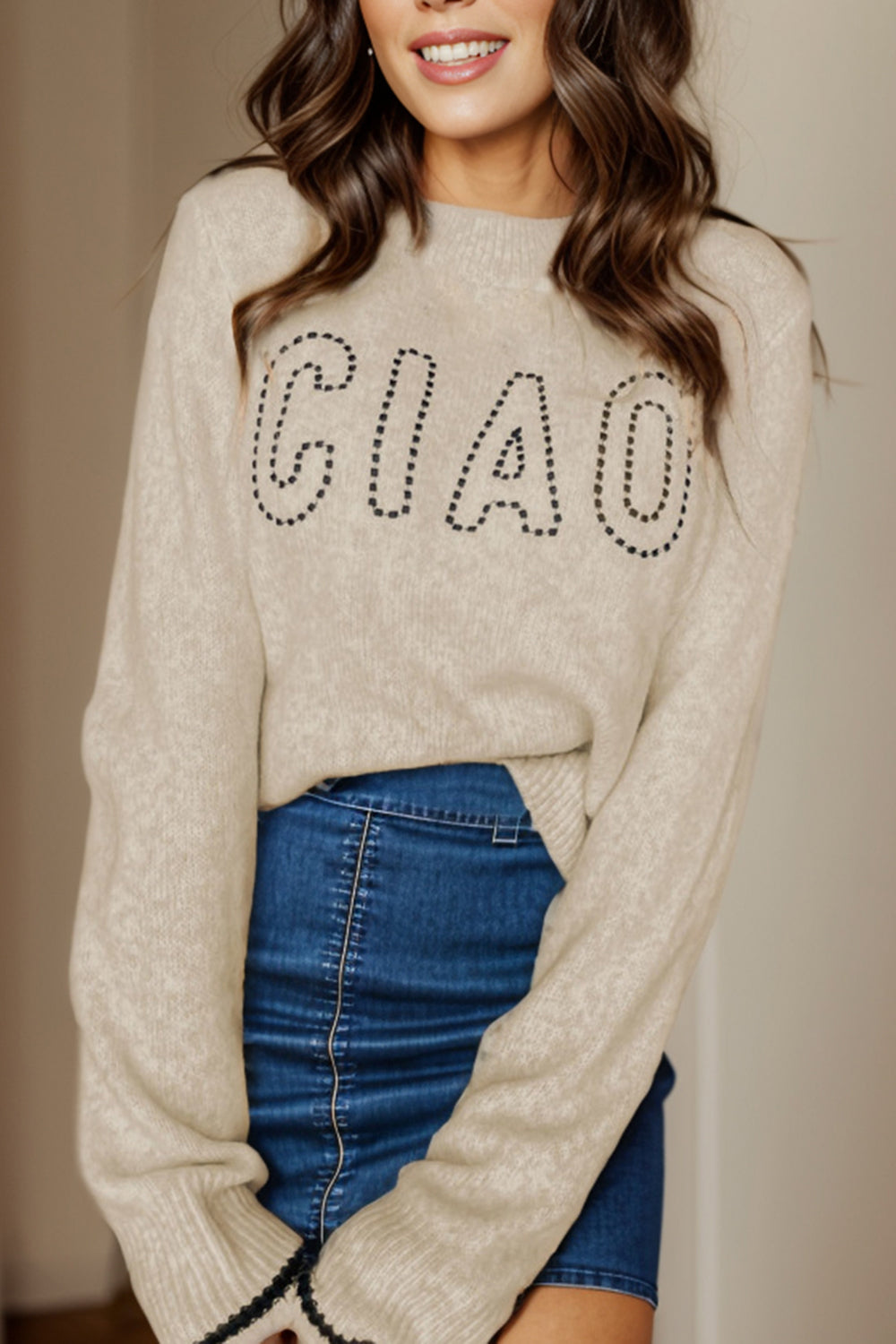 CIAO Round Neck Dropped Shoulder Sweater Khaki