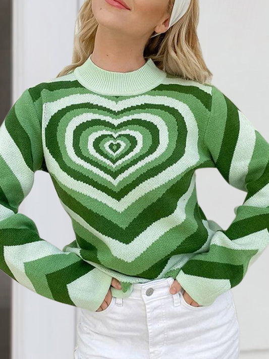 Heart Mock Neck Long Sleeve Sweater Light Green