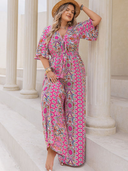 Plus Size Printed Half Sleeve Wide Leg Jumpsuit Deep Rose