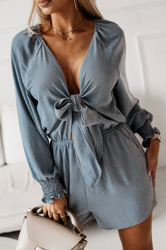 Tied Flounce Sleeve Plunge Romper Cloudy Blue