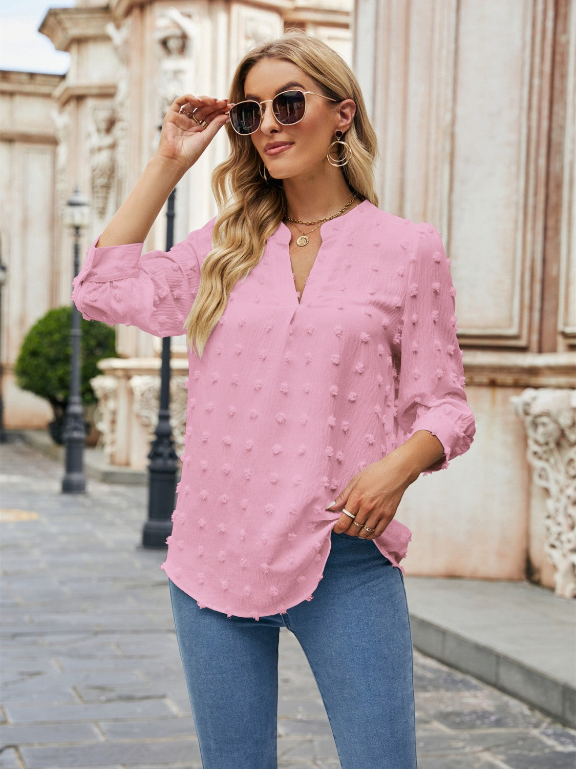 Swiss Dot Notched Neck Blouse Carnation Pink