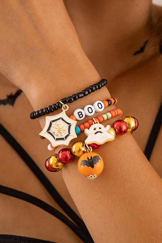 Orange 4pcs Halloween Ghost Spider Web Beaded Bracelet Set Orange ONE SIZE Alloy