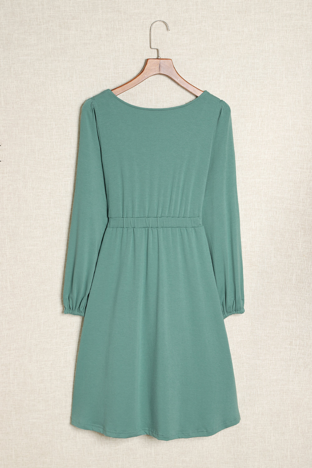 Green Button Up High Waist Long Sleeve Dress