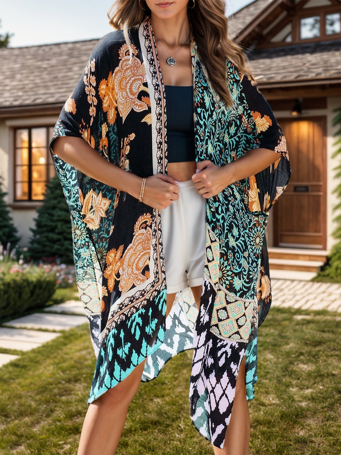 Printed Open Front Cover-Up Black One Size