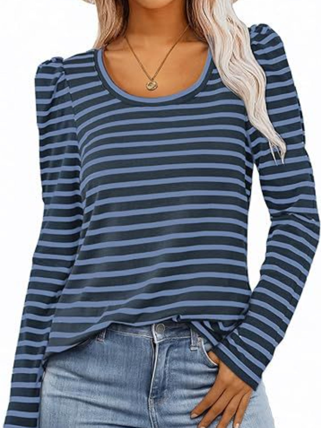 Striped Round Neck Long Sleeve T-Shirt Peacock Blue