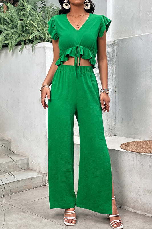 V-Neck Ruffle Hem Top and Slit Pants Set Mid Green