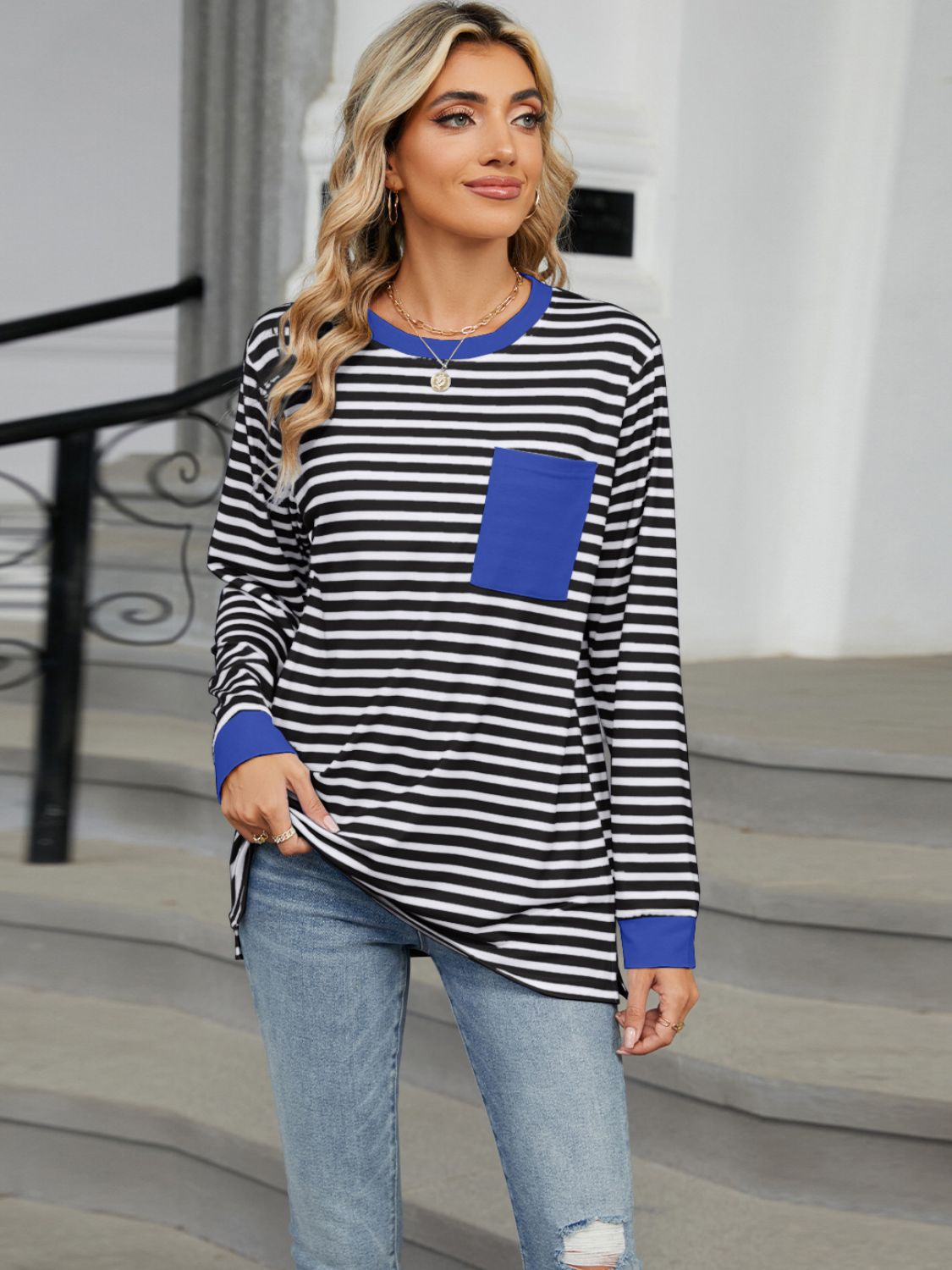 Pocketed Striped Round Neck Long Sleeve T-Shirt Black