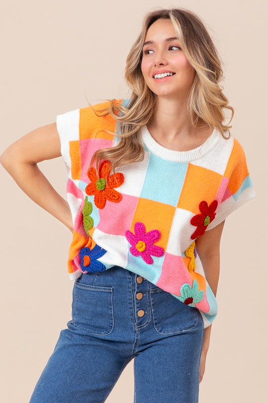 BiBi Flower Patch Checkered Sweater Vest Orange Lt Blue Pink