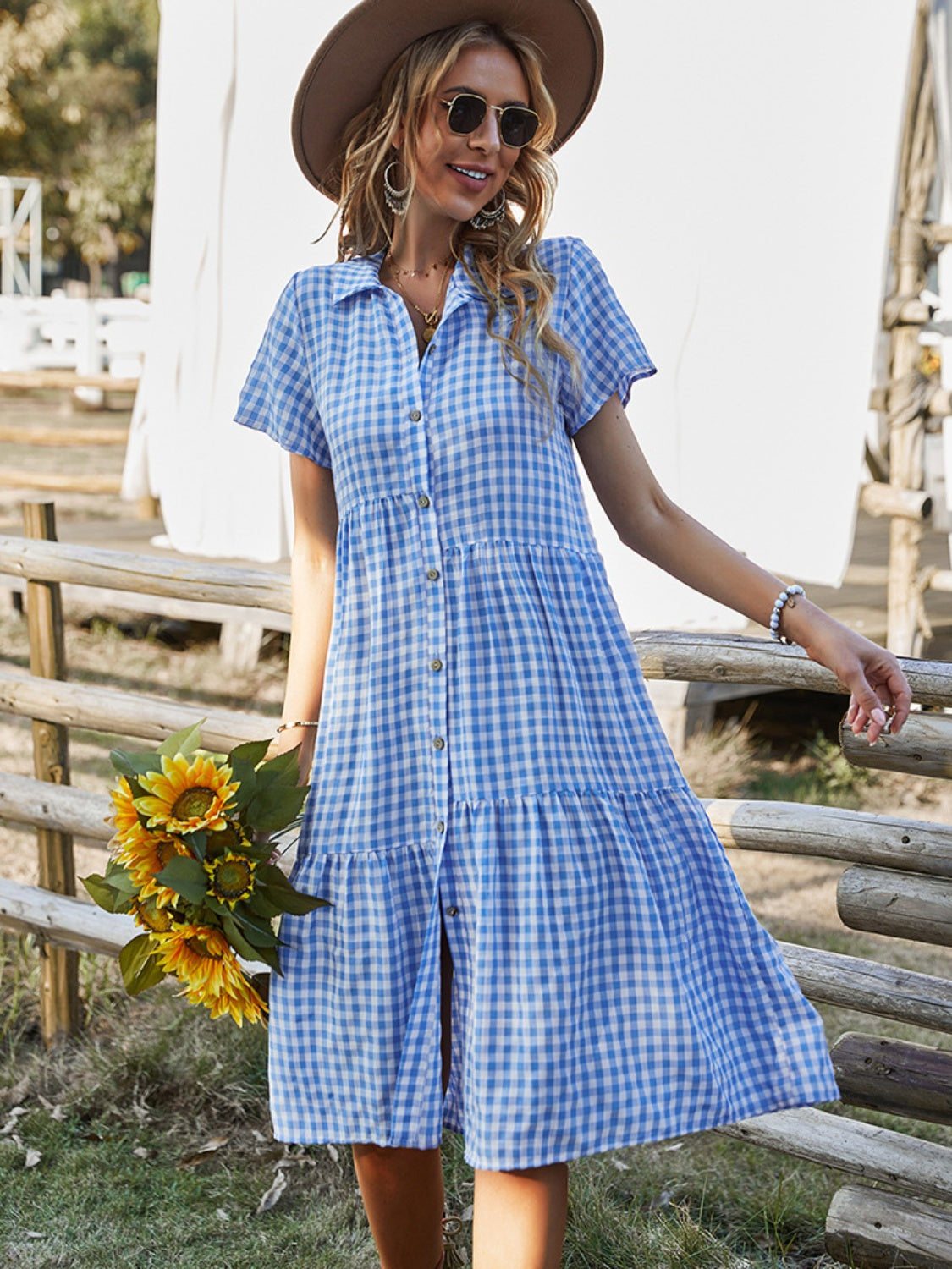 Button Up Plaid Short Sleeve Midi Dress Blue