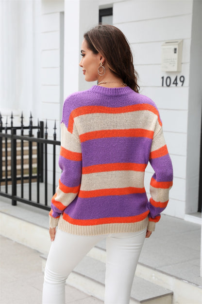 Color Block Round Neck Dropped Shoulder Sweater