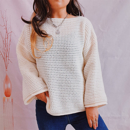 Openwork Boat Neck Long Sleeve Sweater White