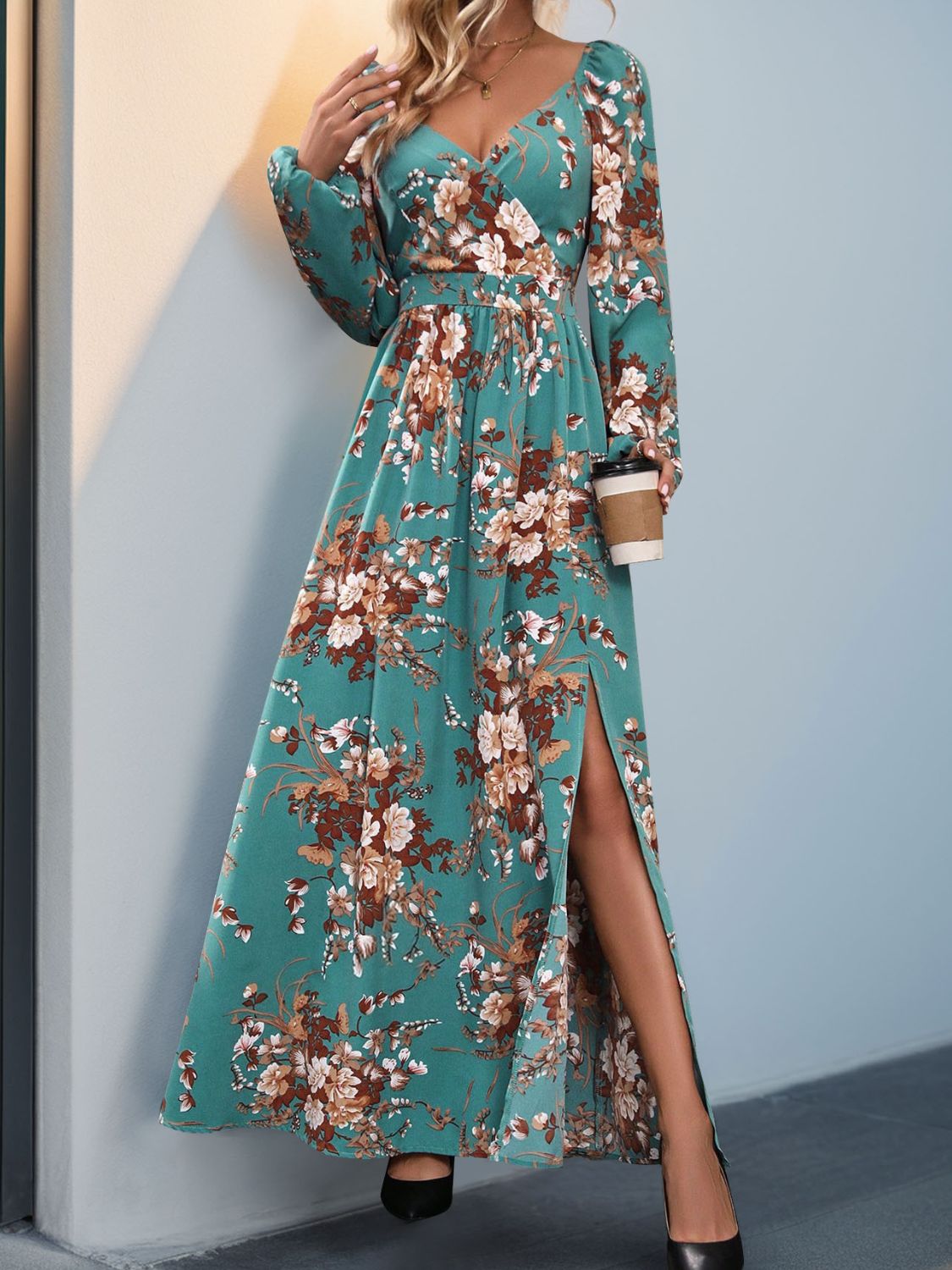 Slit Printed Surplice Long Sleeve Maxi Dress Turquoise