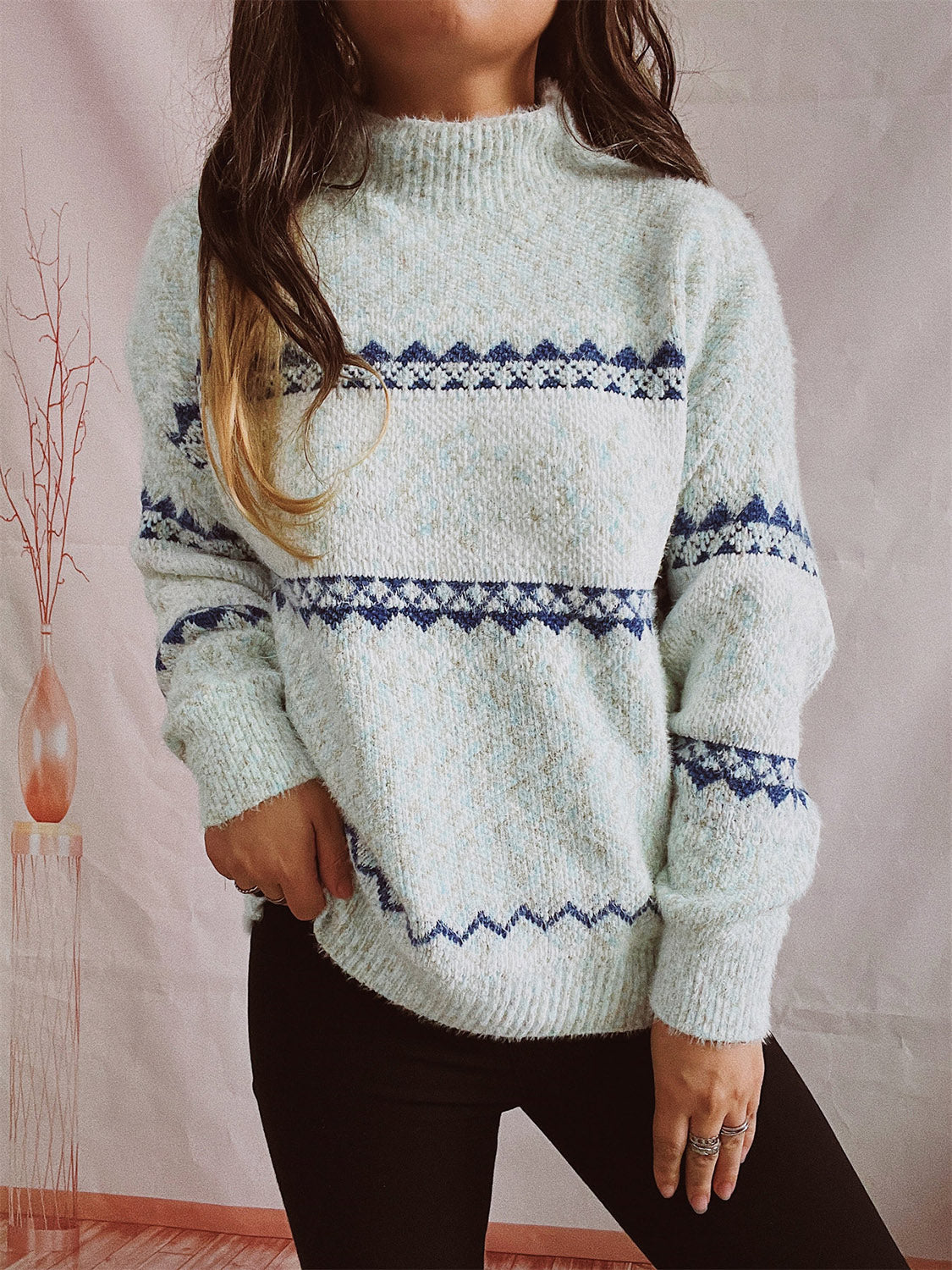 Geometric Mock Neck Dropped Shoulder Sweater Misty Blue