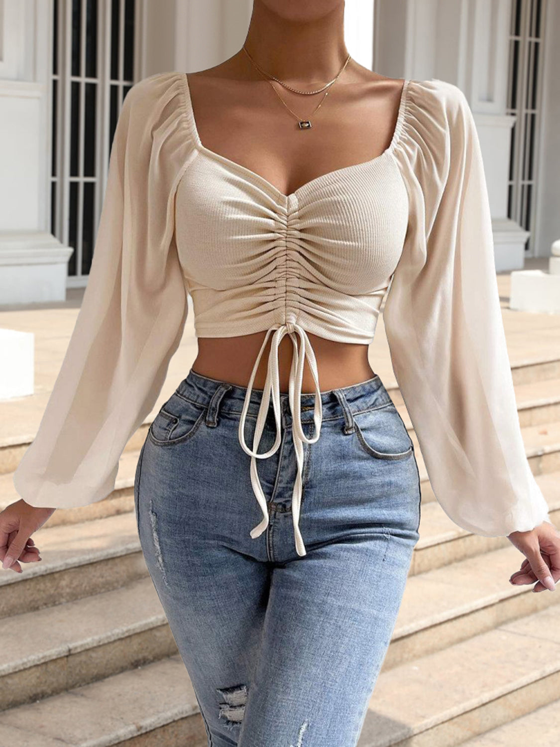 Drawstring Sweetheart Neck Cropped Top Sand