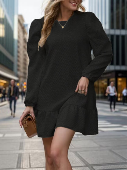 Round Neck Long Sleeve Mini Dress Black