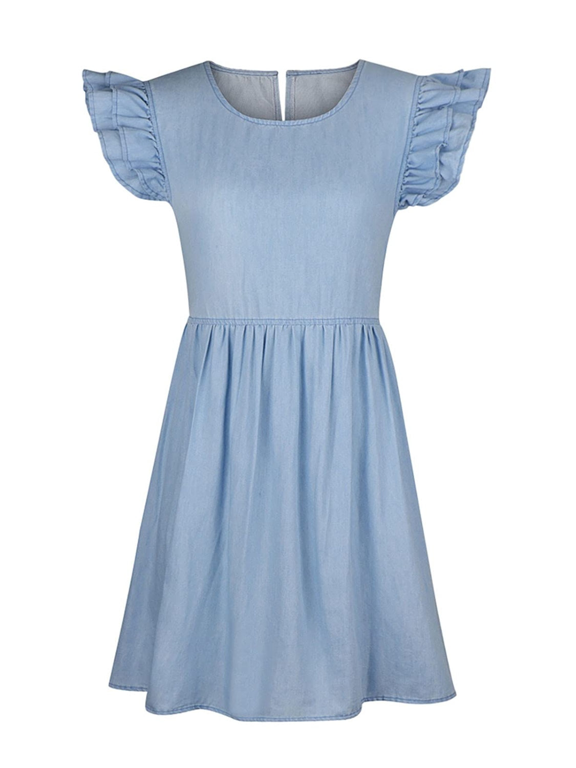 Full Size Ruffled Round Neck Cap Sleeve Denim Dress - Thandynie