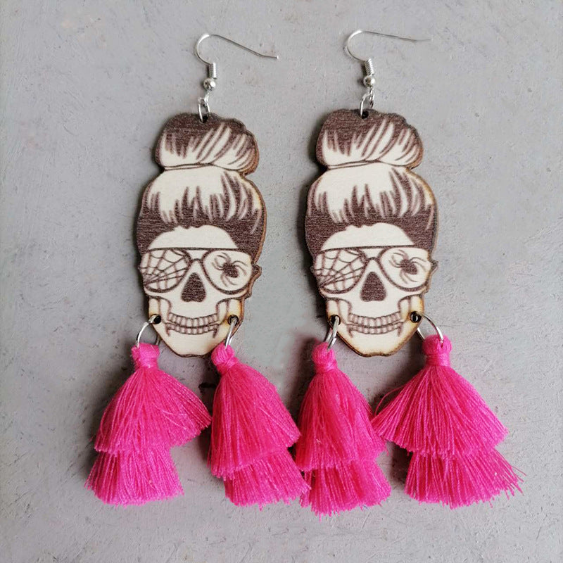 Spider Grandma Tassel Detail Dangle Earrings Halloween Hot Pink One Size