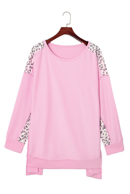 Pink Leopard Splicing Plus Size Sweatshirt with Exposed Seams