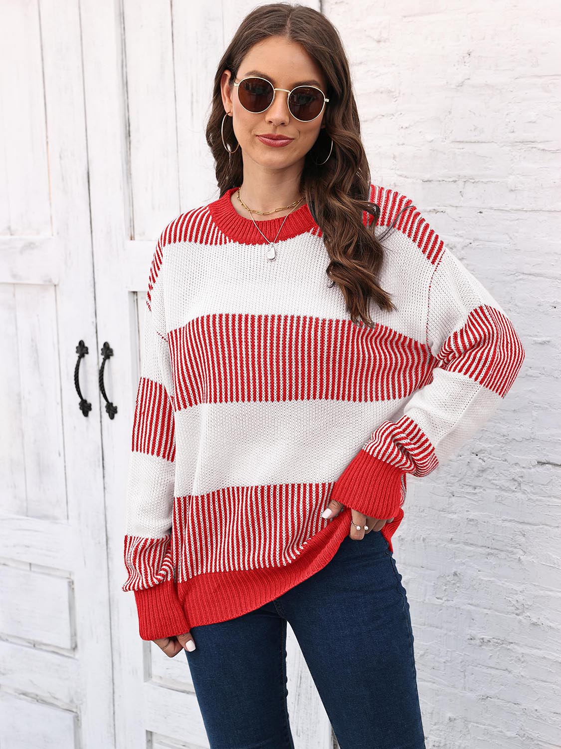 Full Size Round Neck Drop Shoulder Sweater Deep Red