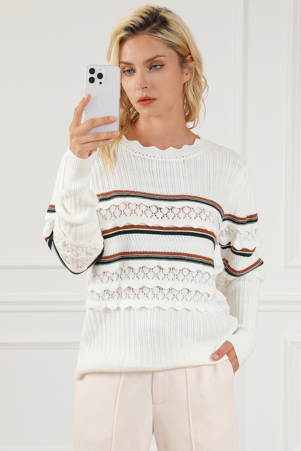 Openwork Striped Round Neck Sweater