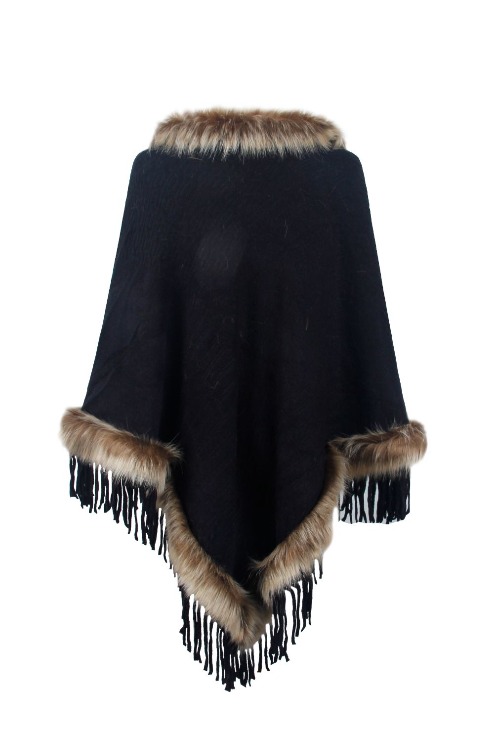 Faux Fur Trim Fringed Poncho - Thandynie