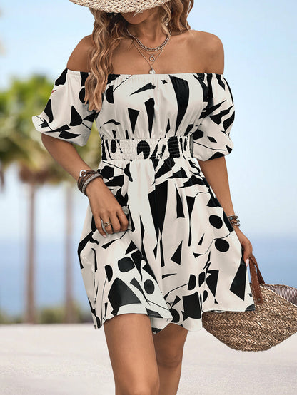 Printed Off-Shoulder Smocked Waist Dress Black